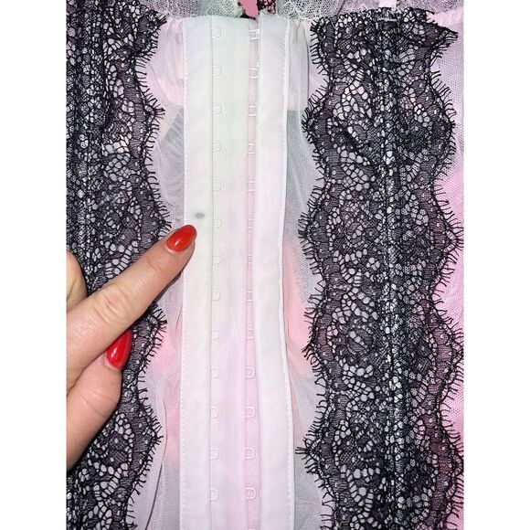 Victoria's Secret UNLINED 34B,36B GARTER CORSET+thong+SLIP Gown Pink Black Lace - Picture 5 of 6